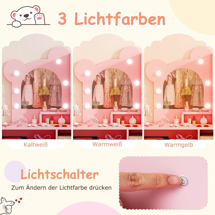 Детский туалетный столик COSTWAY в форме медведя с подсветкой, зеркалом, шкафчиком, 5 ящиками и полками, для девочек от 3 лет (розовый)