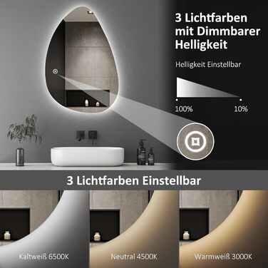 Асиметричне дзеркало для ванної кімнати Boromal з підсвічуванням 80x80 см, LED, сенсорний вимикач, 3 кольори, регулювання яскравості