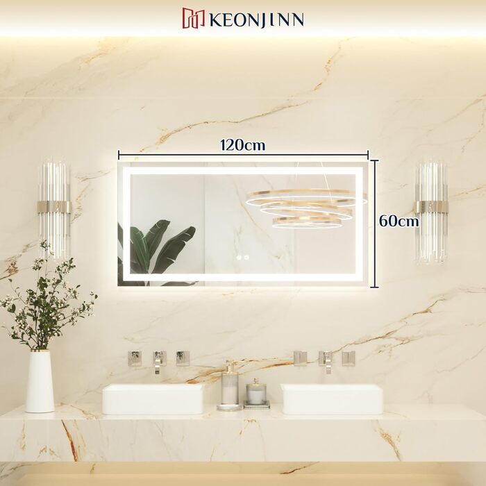 Дзеркало для ванної кімнати Keonjinn з підсвічуванням 50x70 см, без запотівання, LED, сенсорне керування, 3 кольори світла, регулювання яскравості, функція пам'яті, настінне дзеркало без рами (60L x 120B cm)