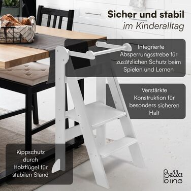 Bellabino Tay – Навчальний столик-лесенка для дітей від 1 року, білий, регульований, з захистом від перекидання, Монтессорі, з берези