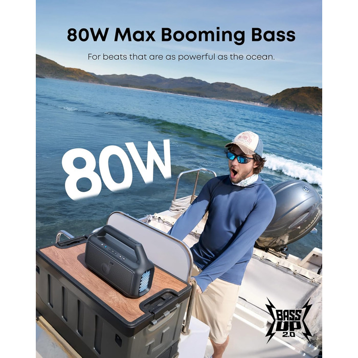 Soundcore Boom 2 - Портативна Bluetooth-колонка, 80W, сабвуфер, BassUp 2.0, 24 години, IPX7, LED, USB-C, BT 5.3, Чорна