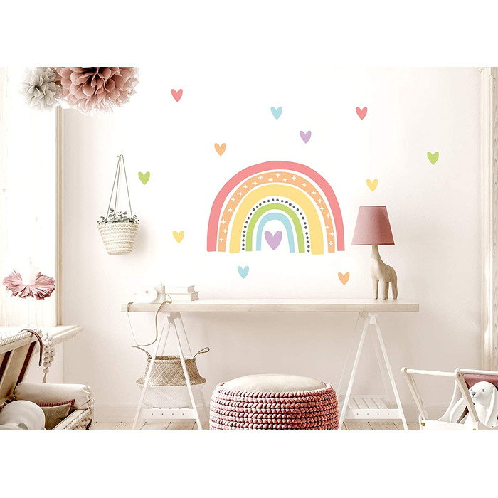 Маленька декоративна наклейка на стіну Веселка з сердечками I настінний розпис 113 x 81 см (Ш/ш) I настінна наклейка для дівчаток, дитяча кімната, декоративна наклейка, наклейка для дівчаток, фольга DL506 (мотив 12)