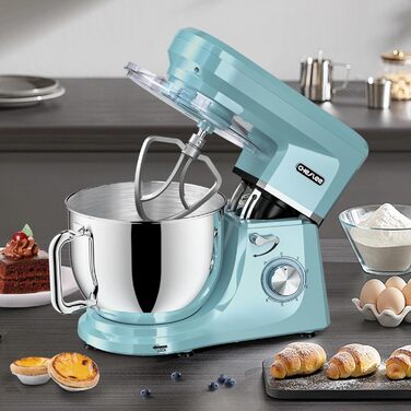 Кухонна машина Cheflee 2000W: потужна планетарна міксер для тіста та збивання, 6 швидкостей, 7.2 л чаша з нержавіючої сталі, гак для тіста та вінчик, захист від бризок (блакитна)