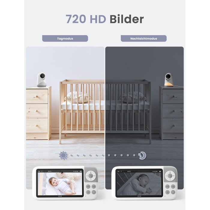 Відеоняня GHB з камерою 5'' HD IPS, 720P, 3050mAh, VOX, Zoom 3X, Нічне бачення, Зв'язок, 8 колискових, Підтримка 4 камер