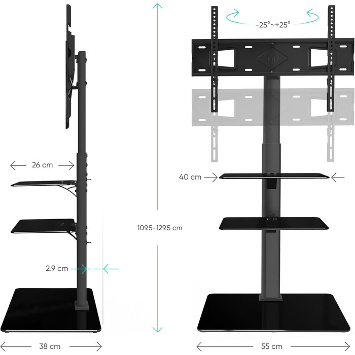 Підлогова тумба під телевізор ONKRON 32-65 дюймів, 40 кг, скло, поворотна, VESA 600x400, регульована по висоті, чорний TS5550-B
