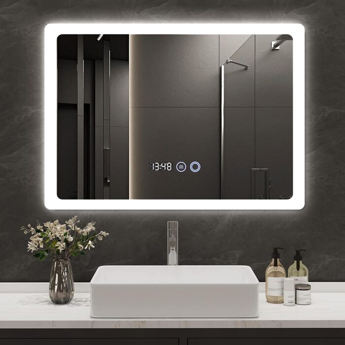 Дзеркало для ванної кімнати YU YUSING з підсвічуванням 80x60 см, LED, 3 кольори світла, регулювання яскравості, антизапар, сенсорне управління, таймер, загартоване скло, IP44 (прозоре)