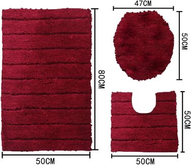 Набір килимків для ванної кімнати Jianyana 3 шт. з мікрофібри, антиковзаючі, м'які, пухнасті, з контрастним малюнком (смугастий винний колір)