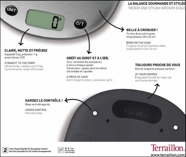 Електронні кухонні ваги TERRAILLON тара, перетворення рідини, вбудована ручка, діапазон зважування 5 кг, точність 1г модель 'Macaron Inox вишнево-чорна