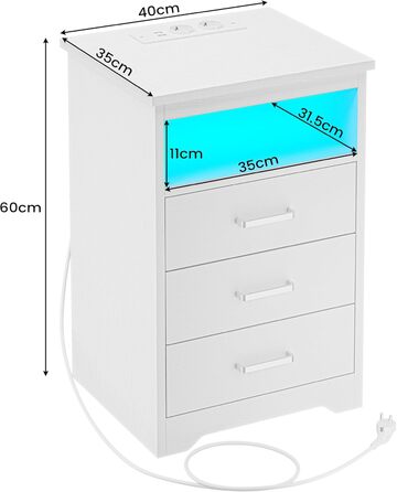 Приліжкова тумбочка зі світлодіодом, зарядна станція, USB, 3 ящики, для спальні/вітальні (білий)