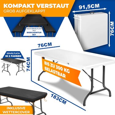 Стол KESSER® розкладний буфет пластиковий 183x76 см для кемпінгу, відпочинку, саду, тераси, балкону на 6 осіб з чохлом та ручкою, білий