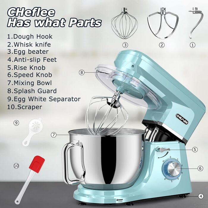 Кухонна машина Cheflee 2000W: потужна планетарна міксер для тіста та збивання, 6 швидкостей, 7.2 л чаша з нержавіючої сталі, гак для тіста та вінчик, захист від бризок (блакитна)