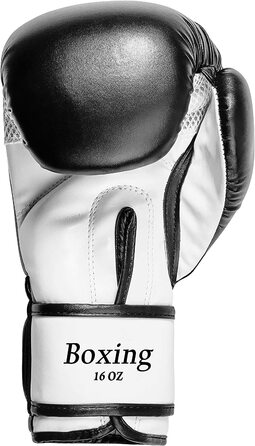 Рукавички для боксу Bad Company зі штучної шкіри з системою вентиляції і широким боксерським ремінцем на липучці в різних колірних поєднаннях для тренувань з боксу, спарингу і кікбоксингу I Вагова категорія 10 унцій - 16 унцій 10 унцій (унцій) чорно-білий