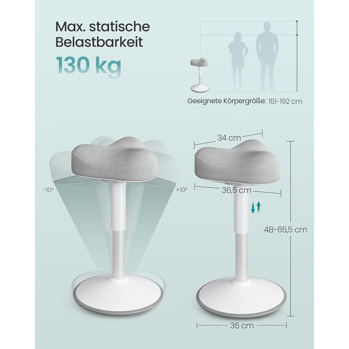 SONGMICS Стілець-табурет для стоячи, регульована висота 48-65.5 см, обертовий, сірий, для офісу та дому (OSC018BH01)