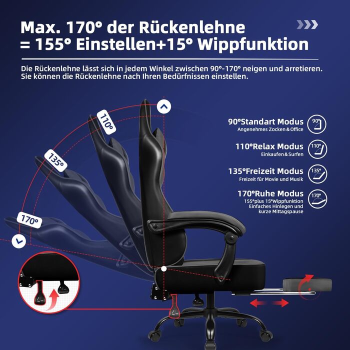 Ігровий крісло, офісне ергономічне крісло з регульованою підніжкою, з підголівником та підтримкою попереку, обертове, 150 кг, сірий