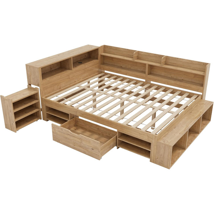 Ліжко дитяче 90x200, 140x200, з ящиками, полицями та дошкою, захистом від падіння, з ламелями, з місцем для зберігання, для підлітків, функціональне, дерев'яне ліжко, без матраца, біле