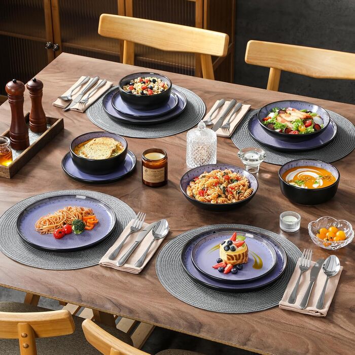 Набір посуду Steingut vancasso AMBER на 6 осіб (24 шт.): тарілки, супові тарілки, десертні тарілки, миски, реактивна глазур, колір фіолетовий, безпечний для миття в посудомийній машині