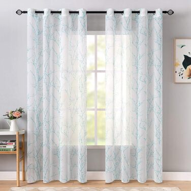 Комплект штор MIULEE Voile з 2 шт. з гілками дерева, люверсами, 245x140 см, білий, для спальні та вітальні