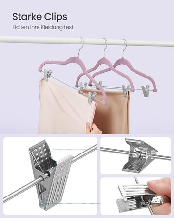 Плечики SONGMICS для одягу, 20 шт., велюрові, для штанів, пальто, суконь, 42,5 см, з регульованими кліпсами, неслизькі, економні, CRF012B20