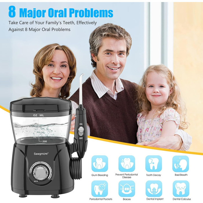 Електрична іригатор для порожнини рота з 10 рівнями тиску та 8 насадками, професійний водяний флосер, резервуар для води 600 мл, ідеально для сім'ї, білий (чорний)