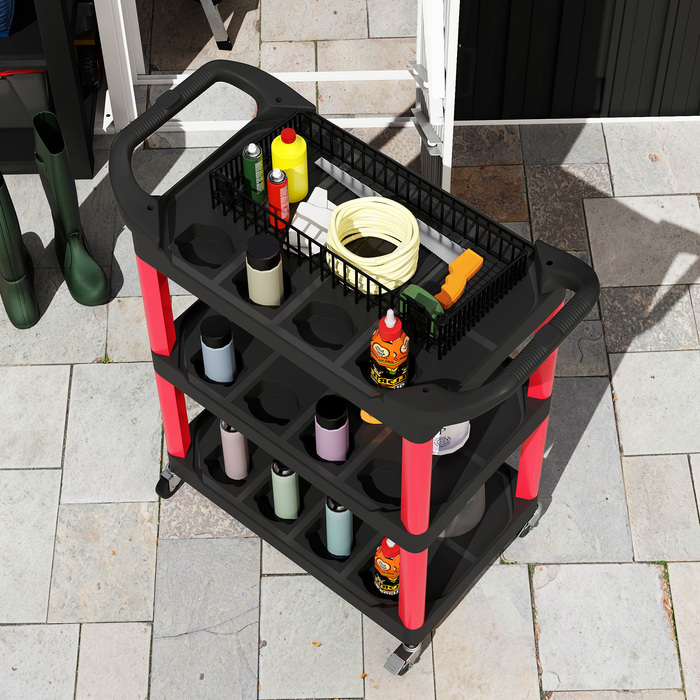 Ящик для інструментів з 3 рівнями, бічні ручки, колеса, пластик, червоний