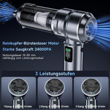 Акумуляторний ручний пилосос 24000Па для авто та дому, бездротовий міні-пилосос з функцією повітряного насоса та обдуву, 6000mAh, сріблясто-фіолетовий