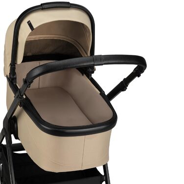Дитяча коляска MoMi GISELLE 2 в 1 комбінована, бежева: для малюків від народження до 22 кг, з 5-точковим ременем безпеки, збірно-розкладна, з кошиком, матрацом, дощовиком та пеленатором