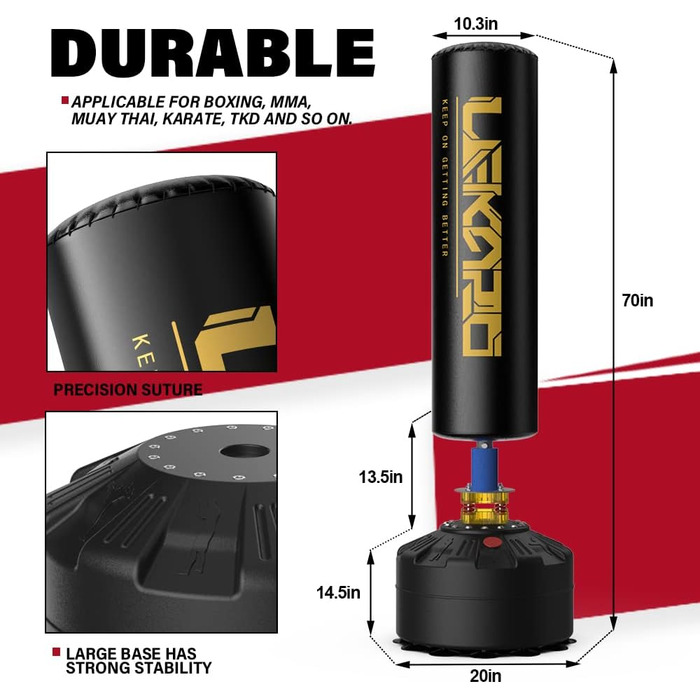 Боксерська груша LEKRO 70 дюймів з боксерськими рукавичками, важка боксерська груша з підставкою для дорослих підлітків, боксерська груша для ММА Муай Тай фітнесу золотого / чорного кольору