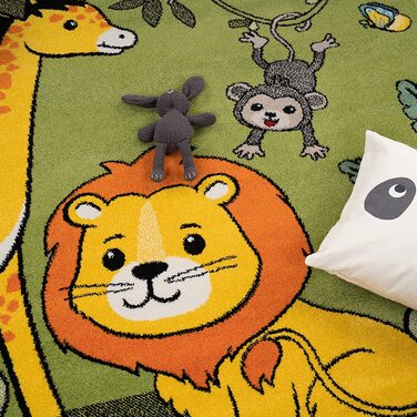 Домашній дитячий килимок Paco, килимок для ігор з тваринами з джунглів, Пальми, мавпа, слон, жираф, лев, зелений, Розмір120x170 см, 120x170 см, 120x170 см