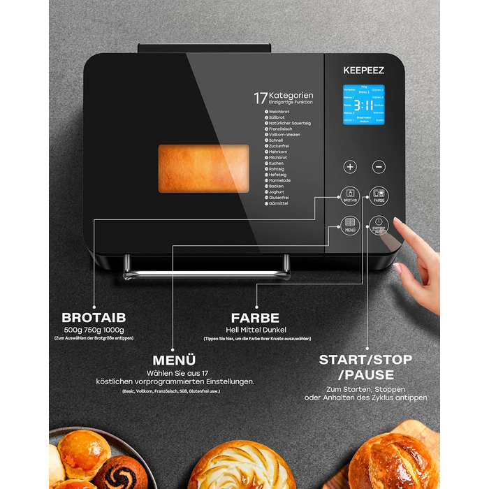 Преміум хлібопекарка Konvektions-Brotbackautomat 710W з керамічною формою, 17 функцій, диспенсер для горіхів, сталь, чорна