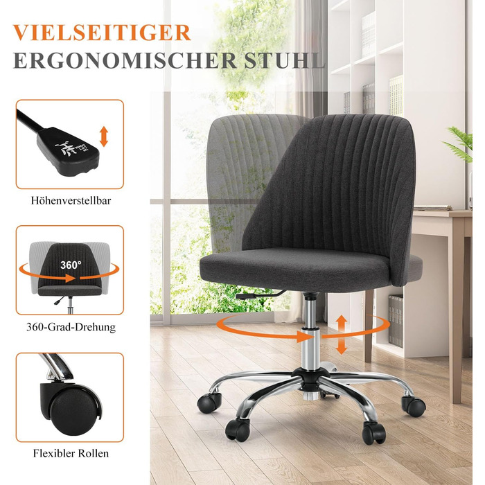 Офісний стілець Refined Living без підлокітників, комп'ютерний стілець на роликах, ергономічний, до 113 кг, темно-сірий