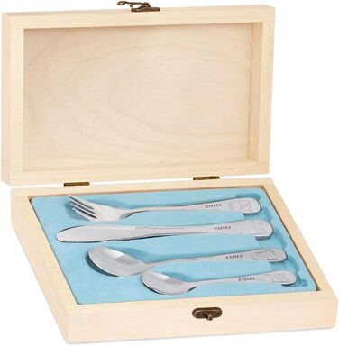 Набір дитячого столового прибору Maverton Kinderbesteck з гравіюванням та дерев'яною коробкою з малюнком тварин - з нержавіючої сталі, коричневий - подарунок для дівчинки на день народження, хрещення, народження - різдвяні подарунки - плюшевий ведмедик