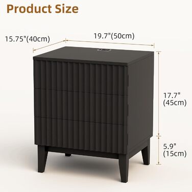 LED тумбочка Gurexl з зарядкою та 3 шухлядами, дерев'яна, з USB та Type-C, з датчиком руху, для спальні, вітальні, офісу, чорна