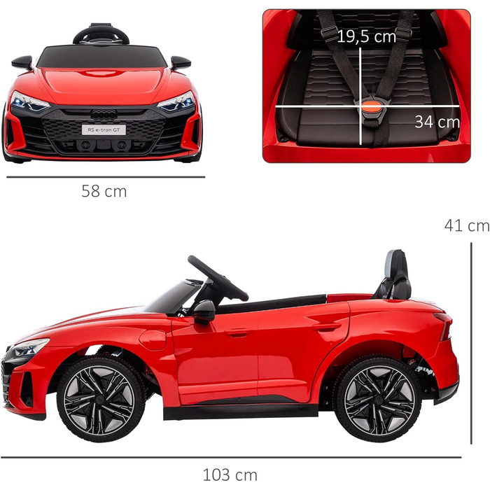 Дитячий електромобіль HOMCOM Audi RS e-tron GT з пультом, ременем безпеки, музикою, сигналом, фарами, до 5 км/год, для дітей 3-5 років, червоний
