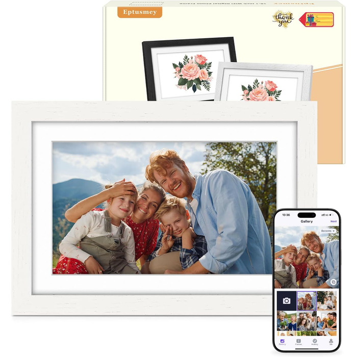 Цифровий фоторамка Eptusmey 10.1 дюймів з Wi-Fi, дуб, 32GB, IPS Touchscreen, відтворення фото/відео через Uhale APP, подарунок для чоловіків та жінок, білий