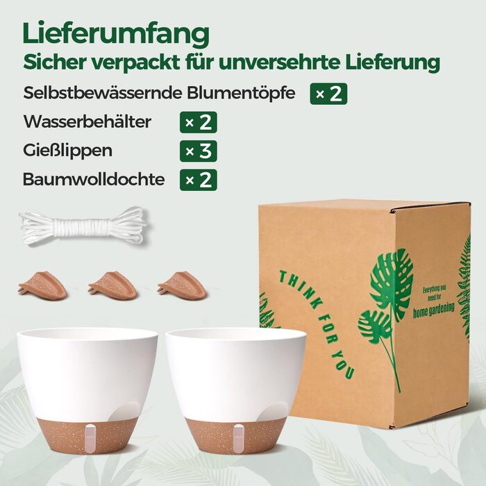 Набір 4 самополивні горщики для квітів T4U з індикатором рівня води, легкі у догляді, великі (25 см, білі)