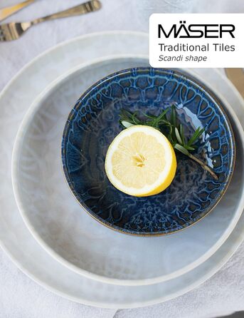 Сучасний вінтажний набір посуду на 2 персони в мавританському дизайні Обідній сервіз з 8 предметів з тарілками та мисками з високоякісної керамічної керамогранітної плитки (скандинавська форма, біла) 935079 серія плитка