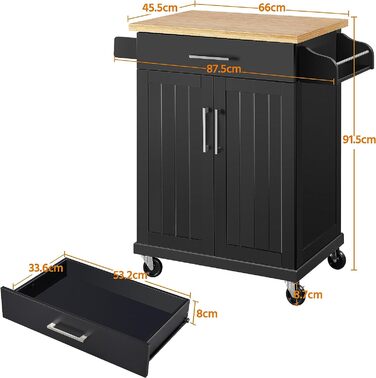Кухонний візок Yaheetech, дерев'яна стільниця, візок 66 45,5 91,5 см, стиль кантрі (чорний)