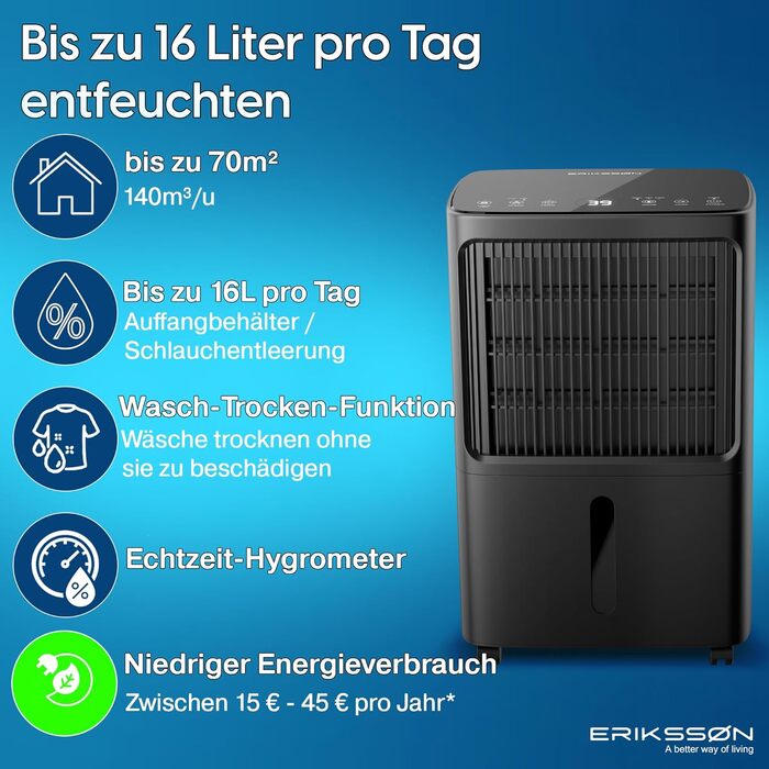 Електричний осушувач повітря з LED-дисплеєм, таймером та захистом від дітей | Осушує 16л вологи на добу | Для приміщень до 70м² | Енергоефективний осушувач з датчиком вологості | Білий/Чорний