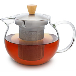 Скляний чайник (1,8 л) - Чайник з ситечком з нержавіючої сталі - Чайник для чайника Скляний глечик з кришкою і елегантною дерев'яною ручкою (без нагрівача, 0,65 л)
