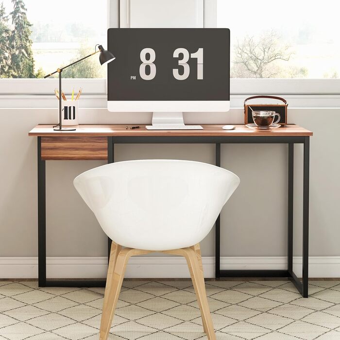 Письмовий стіл з висувним ящиком, 120 х 55 х 75 см, комп'ютерний стіл малий, офісний стіл офісний стіл дерев'яний стіл для ПК, робочий стіл металевий каркас, для домашнього офісу, офісу, кабінету (горіх)