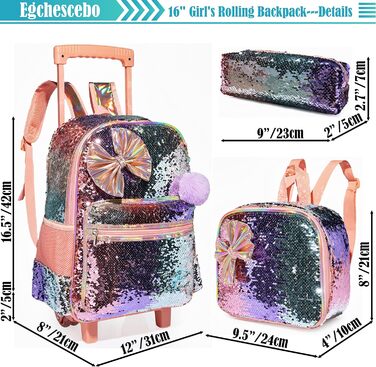 Дитячий рюкзак Egchescebo Satchel для дівчаток на колесах 17 3PCS Туристичні рюкзаки (Hudiejie-xiangbinse)