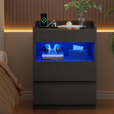 Нічний столик BEWISHOME 2 шт., з прихованою поличкою та розеткою, з функцією зарядки, для вітальні та спальні (чорний) EFCG02B