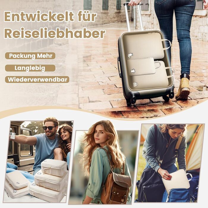 Набір органайзерів для подорожей у валізу з компресією, 8 шт, водонепроникні пакувальні куби для ручної поклажі та рюкзака, бежевий