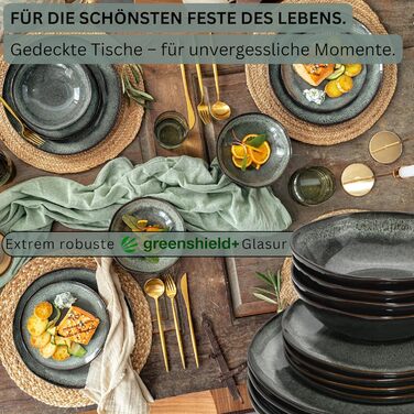 Набір посуду SÄNGER Teller Set Kopenhagen 24 шт. з кераміки для 8 осіб, сервіз включає тарілки для їжі, сніданку та супу, набір тарілок для обіду, стійкий до миття в посудомийній машині, зелений, сірий | PREMIUM COLLECTION 24 шт.