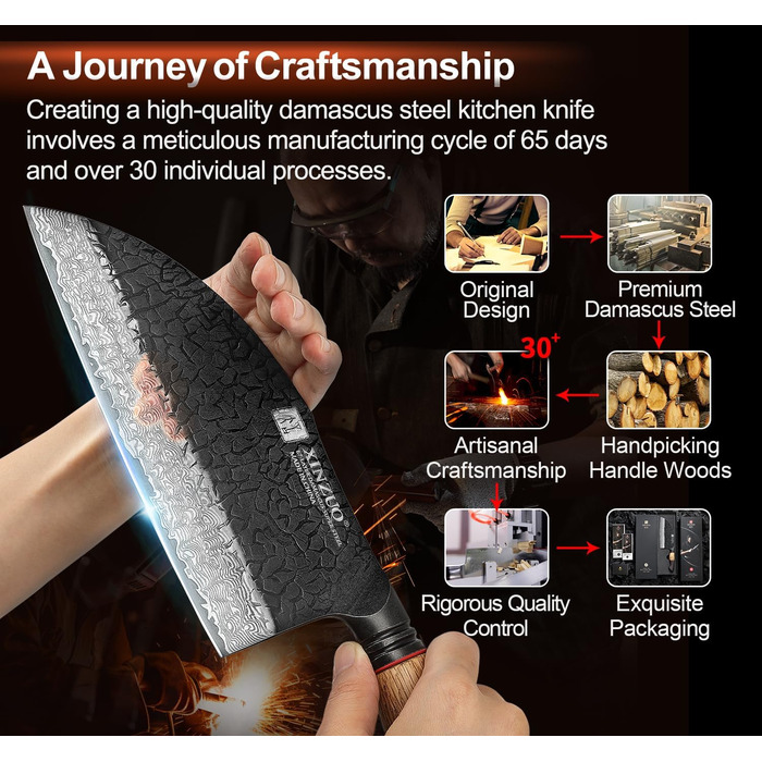 Ніж кухарський XINZUO Damaststahl 19,3 см з фінішною обробкою Hammer, професійний, з нержавіючої сталі Дамаск, з ергономічною ручкою з білого дуба, серія Mo