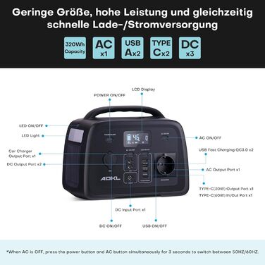 Портативна електростанція Powerbank 320Wh з акумулятором LiFePO4, 300W, сонячний генератор з виходом 300W AC/PD 60W USB-C, для кемпінгу, подорожей, надзвичайних ситуацій