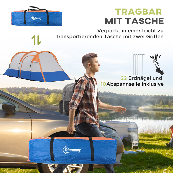 Outsunny Camping Tent, тунельний намет для 3 осіб, з легким гачком, тент, 2 кімнати, вітрозахисний сімейний намет із сумкою для перенесення, водовідштовхувальний висувний намет 2000 мм для кемпінгу, саду, помаранчевого