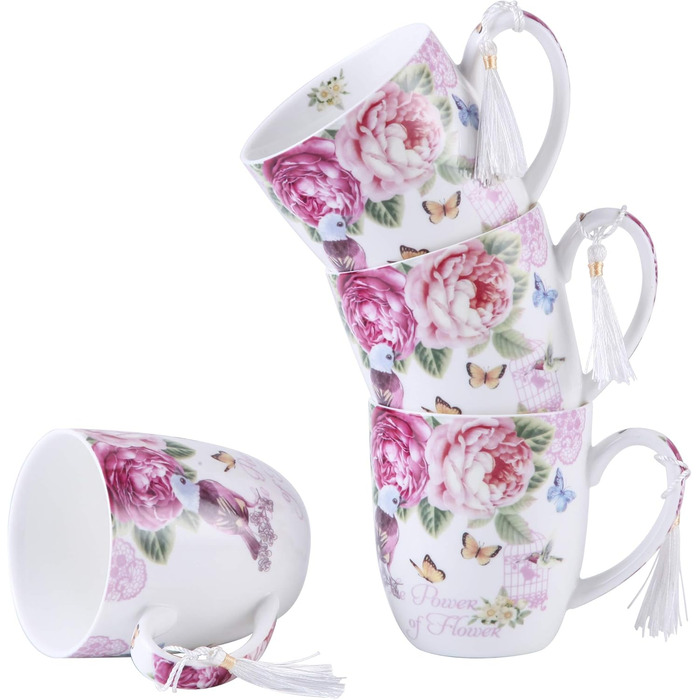 Комплект чашок для кави London Boutique K414: 4 шт., 330 мл, рожевий, стиль Vintage/Retro, флора, подарунок