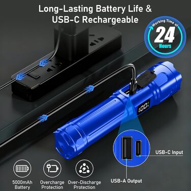 Ліхтар Blukar LED з двома кольоровими температурами, бічним COB-світлом, регулюванням яскравості та зумом, акумуляторний, водонепроникний, 7 режимів, синій