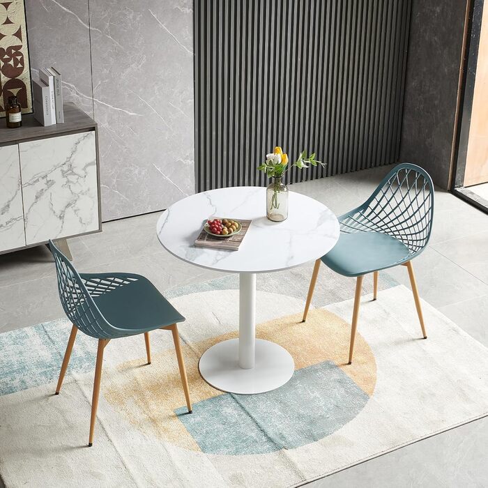 Круглий обідній стіл для кухні, вітальні, балкону. Білий стіл 70x70 см з мармуровою стільницею та прямою ніжкою